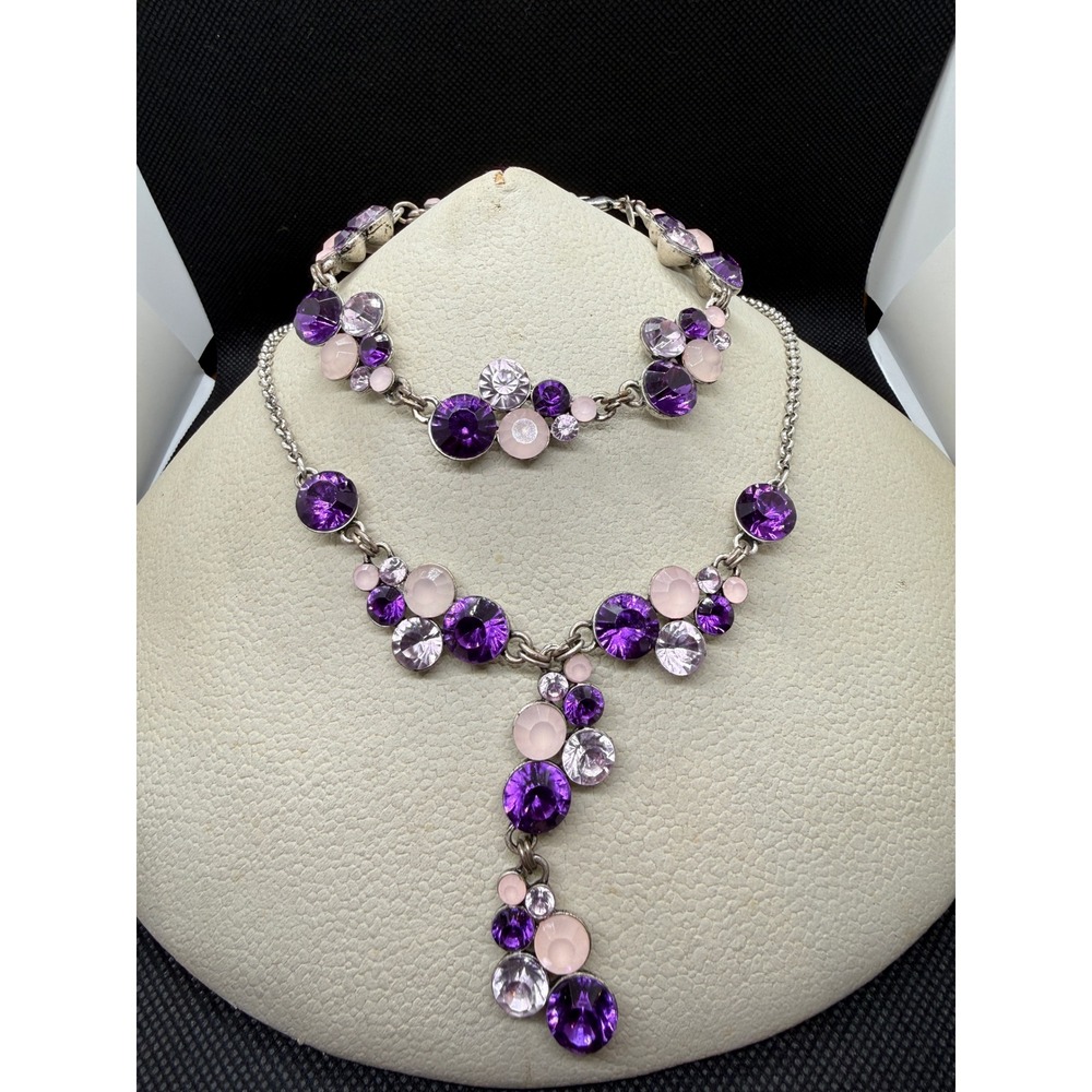 SHA Purple Pink Crystal Y-Necklace and Bracelet Set Silver Tone Jewelry